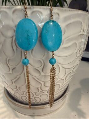 Genuine Turquoise 14K Gold-Filled Long Chain Tassel Earrings | Artisan Dangle
